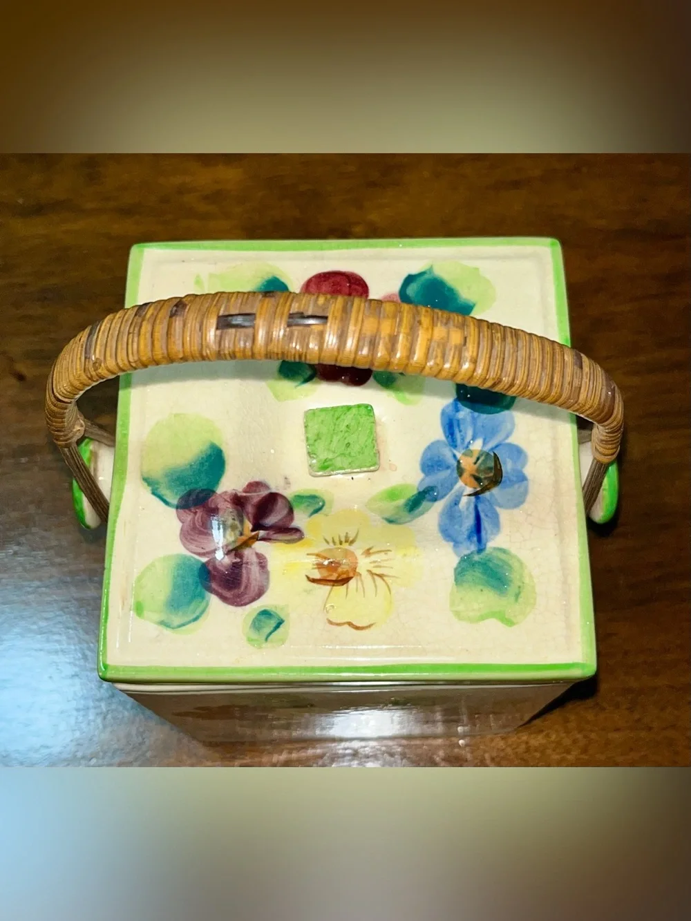 Vintage Mid-Century Hand-Painted Biscuit Jar with Rattan Handle - Made in Japan